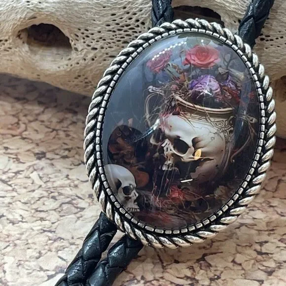 - Gothic Skull Rose Witch Leather Bolo Tie Lariat Necklace Wedding Purple Xmas - Picture 3 of 16